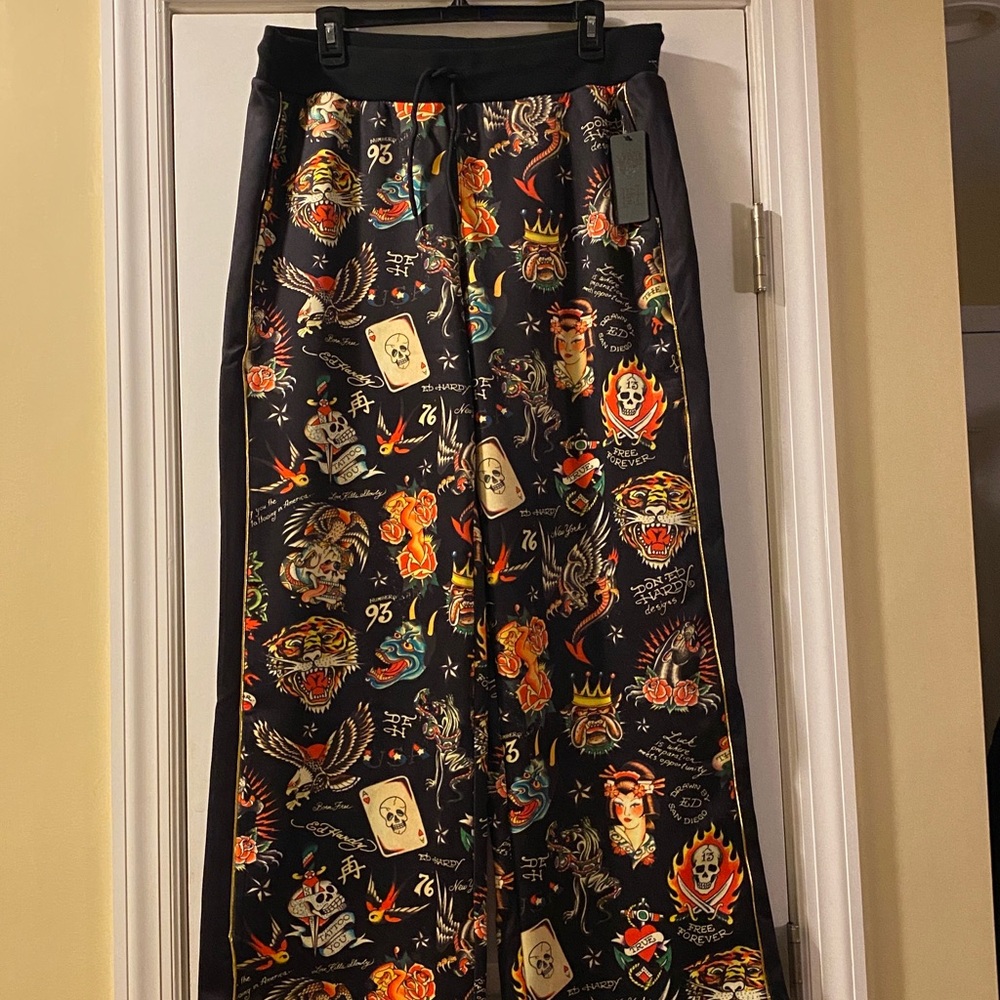Ed Hardy Black Gold Embroidery Logo Side Piping Wide Leg Pants Stretch Waist New